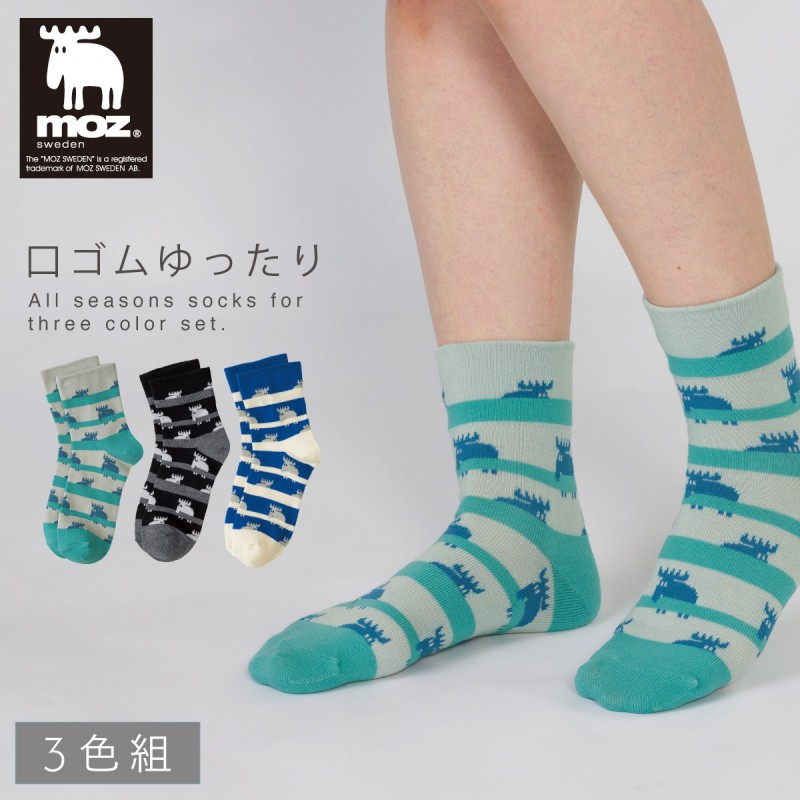 moz モズ 靴下 レディース 履き口ゆったり 3色組 23-25cm クルー丈