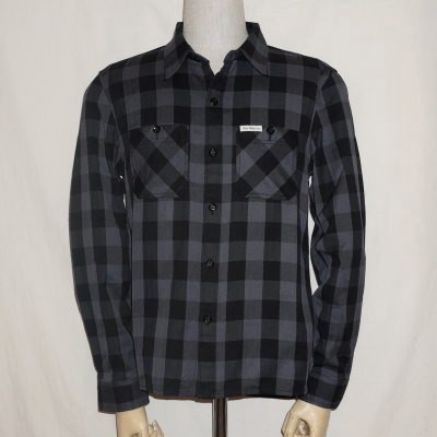 F-SCO-001L-ブラックグレー-ブロックチェックシャツ001長袖-FSCO001L-FLATHEAD-フラットヘッドワークシャツ-チェックシャツ