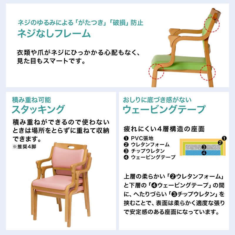 ダイニングチェア 高齢者 椅子 福祉施設向け 介護 日本製 肘付き 安全 完成品 次亜塩素酸対応 スタッキング 木製 2脚セット 低め