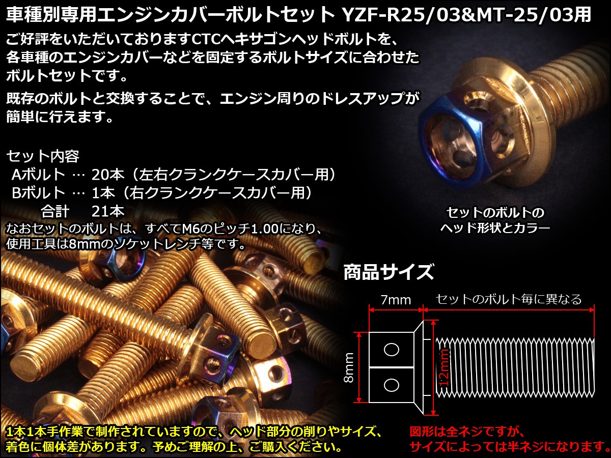 ヤマハ発動機 YZF-R25 YZF-R3 MT-25 MT-03 エンジンカバー ボルト21本