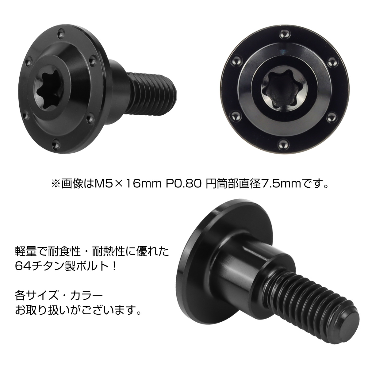 チタン 段付きボルト M5×16mm P0.8 円筒部直径7.5mm ホールヘッド