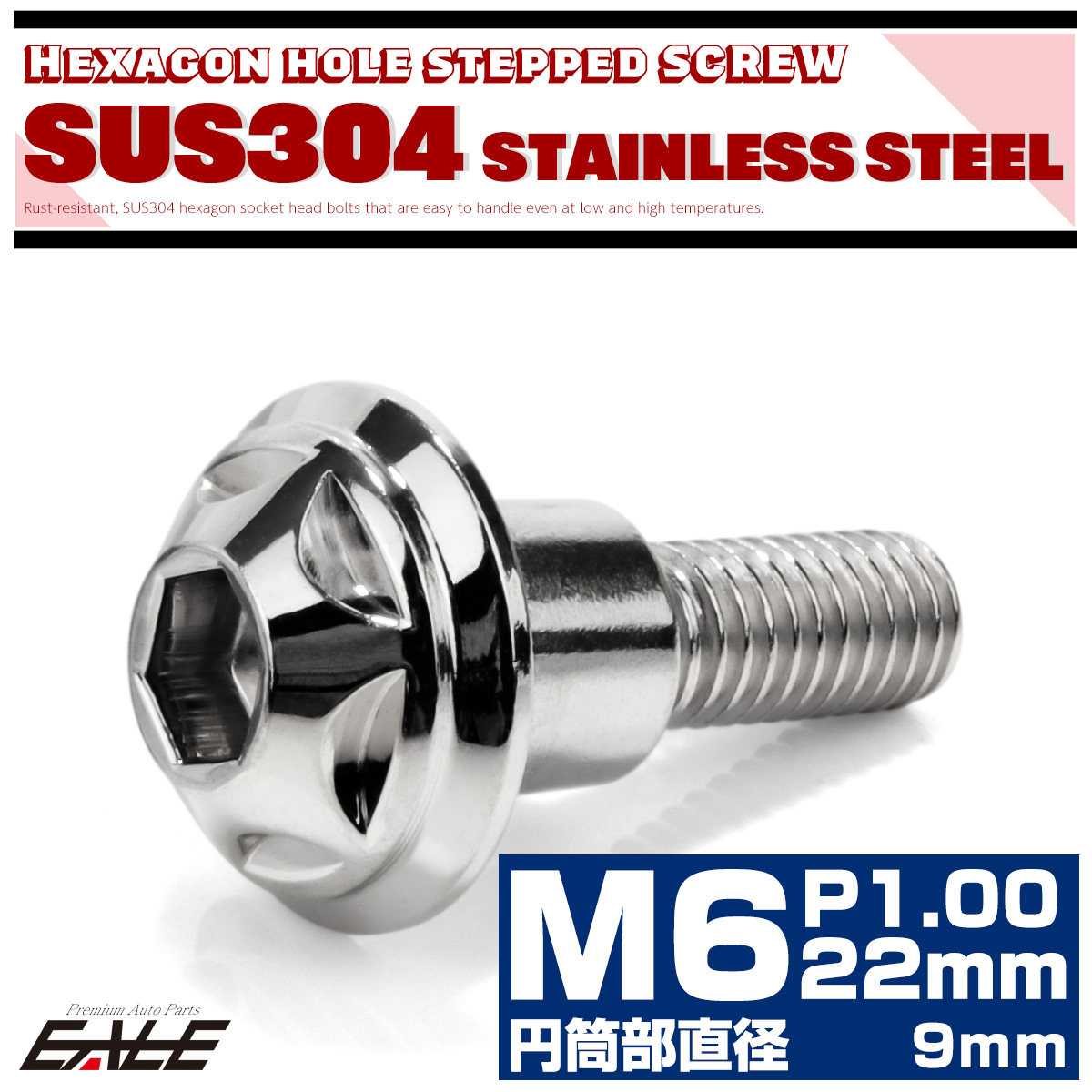 段付きボルト M6×22mm P1.0 円筒部直径9mm ホールヘッド SUS304