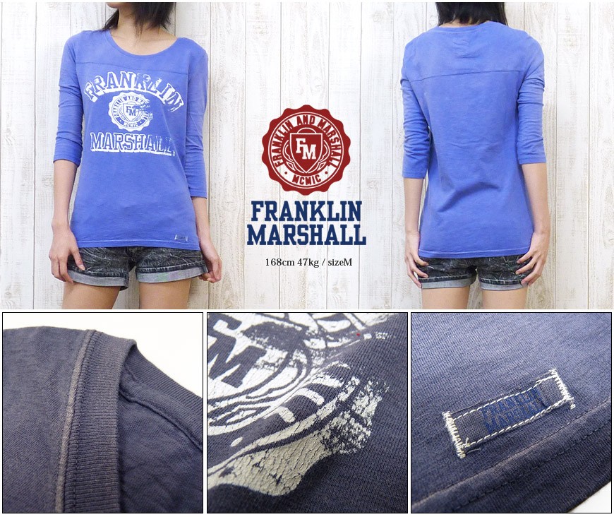 フランクリン マーシャル FRANKLIN＆MARSHALL レディース Tシャツ 7分袖 ベースボール ひび割れプリント カレッジ ヴィンテージ 38182-4039 FRANKLIN & MARSHALL フランクリン マーシャル