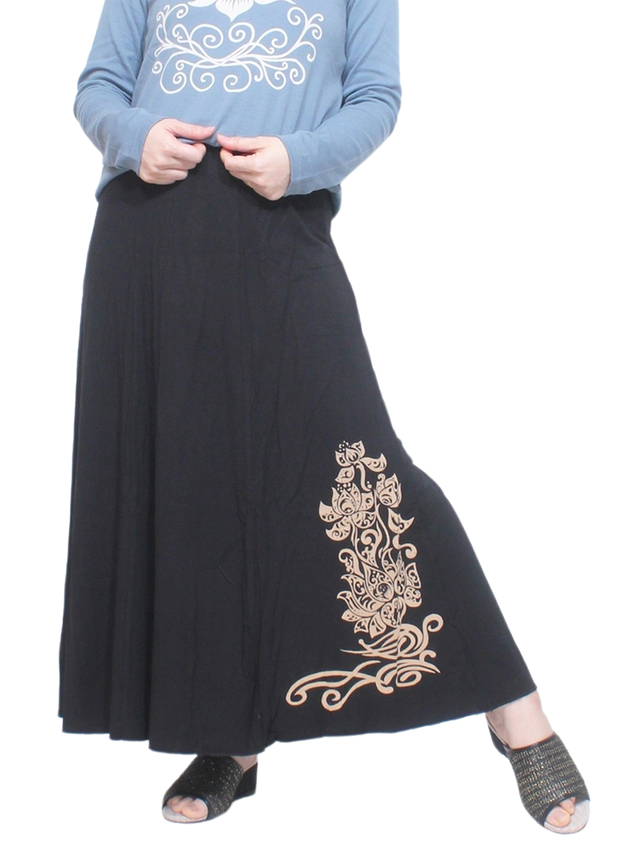 ロータス柄 マキシ丈ロングスカート エスニック アジアンファッション ストレッチ 激安 大きいサイズ