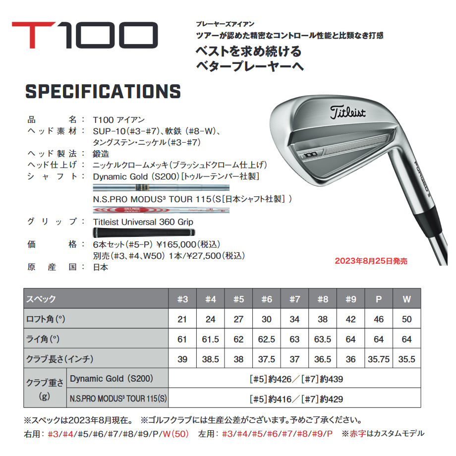 日本仕様 タイトリスト 2023年 T100 #5-PW 6本 アイアンセット Dynamic 