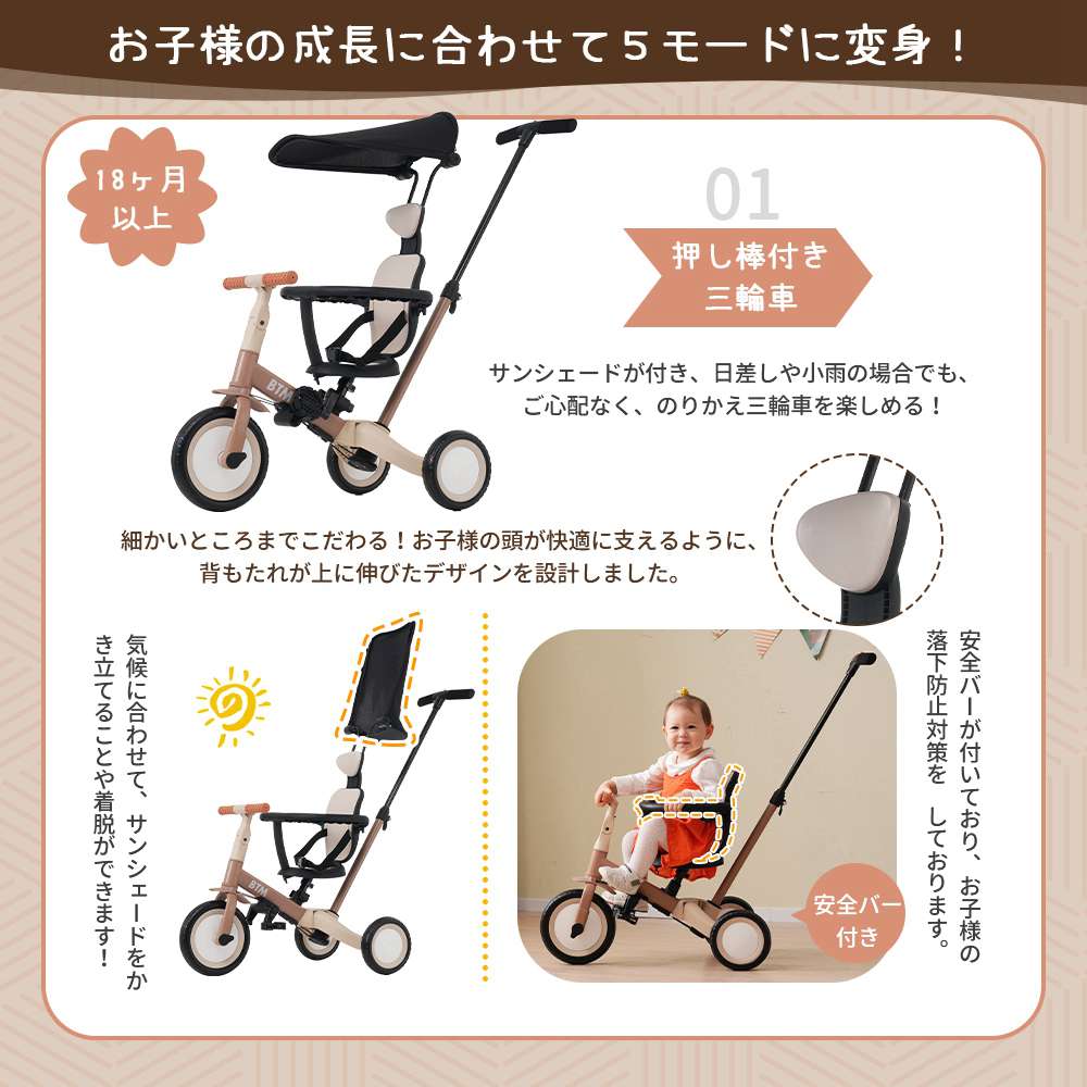 子供用三輪車 5in1自転車 オリジナル 押し棒付き 安全バー付き サンシェード 一部即納】【1年品質保証】子供用三輪車 5in1 自転車 オリジナル 押し