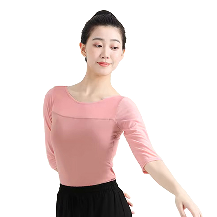 ピンクメッシュ七分丈レオタード 七部袖 花柄刺繍 バレエ レオタード（ピンク） | Ballet Shop Flora