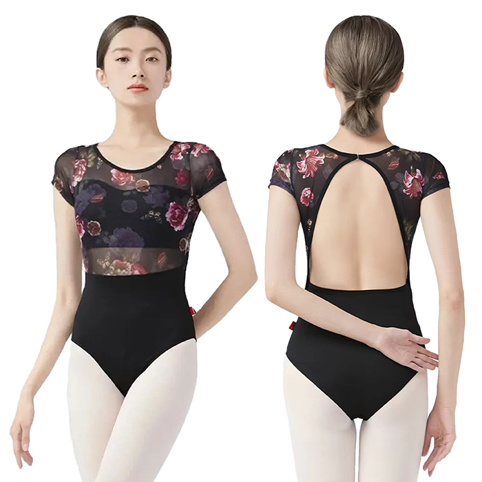 フラワーメッシュ バレエレオタード ジュニア・大人用 バストポケット