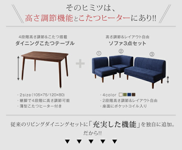ダイニングテーブルセット ダイニング リビング こたつ ヒーター 高さ調節 4人 5点セット(テーブル+2Pソファ1脚+1Pソファ2脚+コーナーソファ1脚) W105