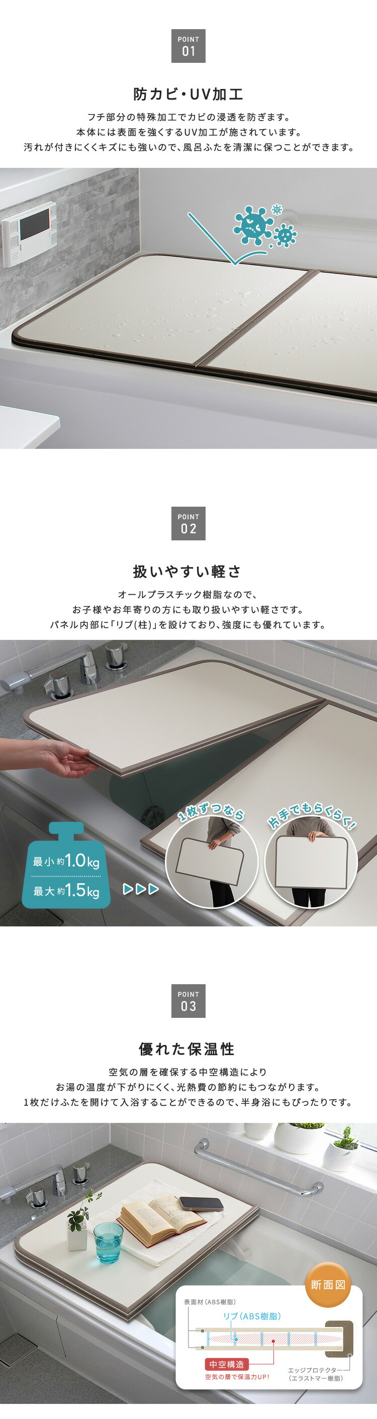 軽くてカビが生えにくい組み合わせ風呂ふた 幅73×奥行き128cm(3枚組