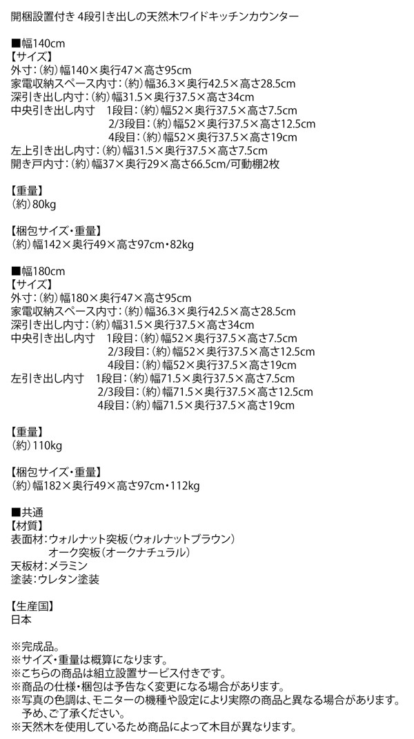 超特盛ミラクルプライス 開梱設置付き　4段引き出しの天然木ワイドキッチンカウンター Cherliz シェリーズ 幅180 【CE1485090073】(53613円)