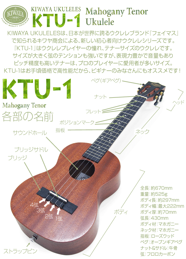 KIWAYA KTU-1 テナーウクレレ 入門9点セット マホガニー Kiwaya