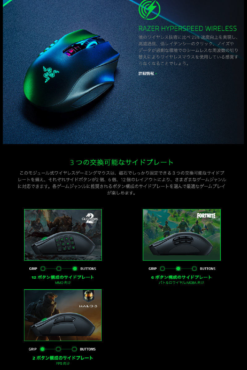 Razer レーザー Naga Pro 2 / 6 / 12ボタン サイドプレート交換対応