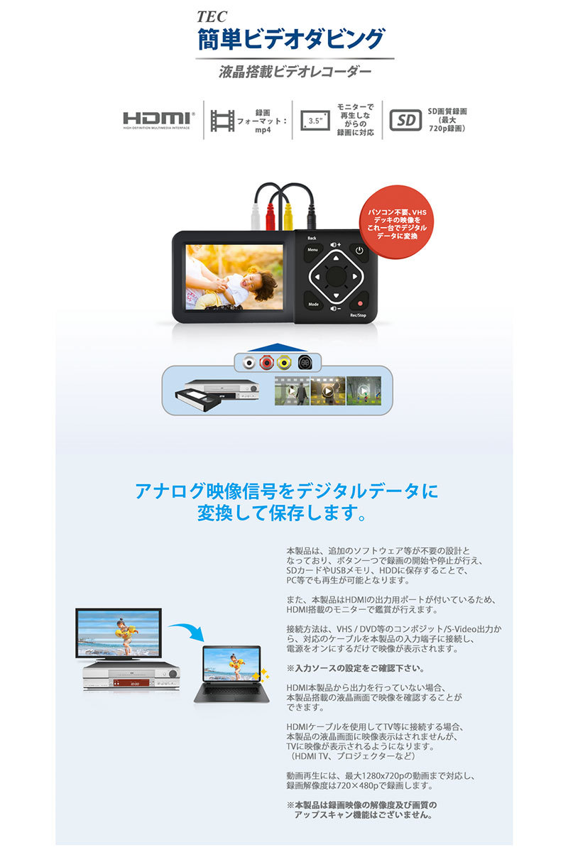 新発売の Tec テック 簡単ビデオダビング アナログ録画機 3 5インチ 液晶搭載 ビデオレコーダー Tadrec S ネコポス 人気特価激安 Studiostodulky Cz