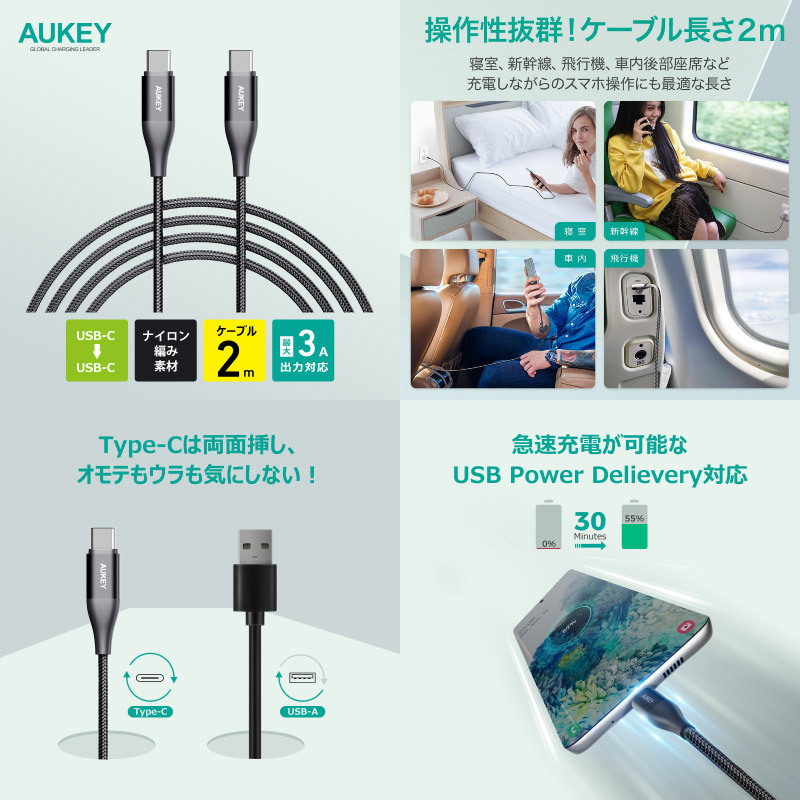 人気 おすすめ series ネコポス可 AUKEY PD対応 USB USB-C - Impulse ブラック 2.0m オーキー CB-CC20 ケーブル  Type-C Braided PCケーブル、コネクタ