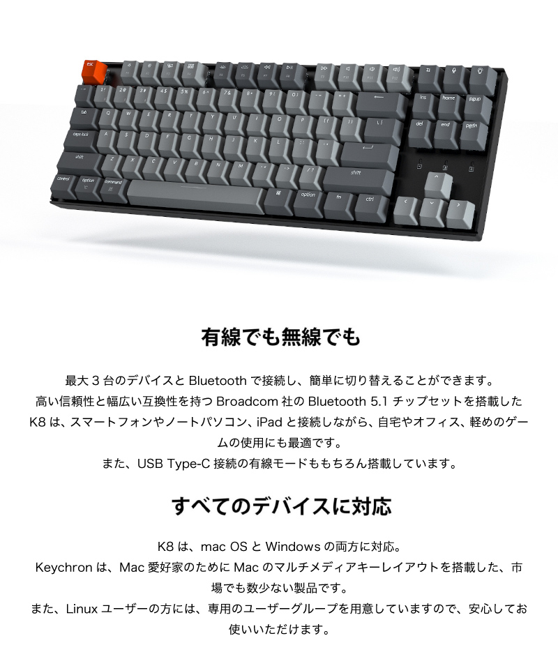Keychron K8 Mac英語配列 ホットスワップ Gateron 青軸 87キー RGB 