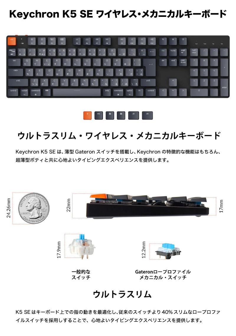 Keychron K5 SE Mac日本語配列 ロープロファイル Gateron 赤軸 RGBライト メカニカル キーボード ネコポス不可 :  515085 : キットカットヤフー店 - 通販 - Yahoo!ショッピング