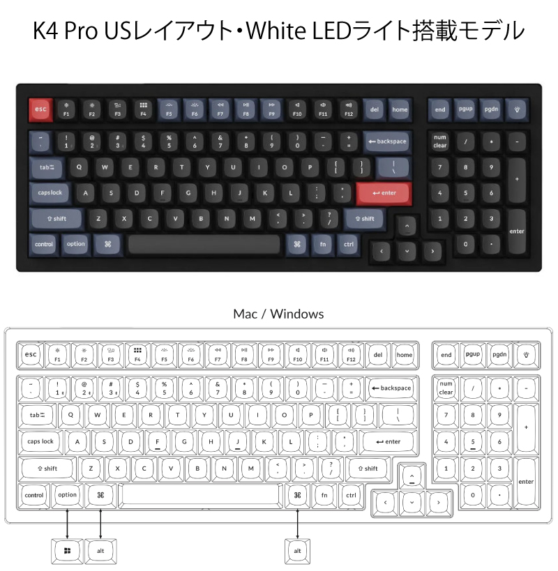 Keychron K4 V2 USレイアウト whiteLED 赤軸 Keychron K4 ワイヤレス・メカニカルキーボード | kopek｜
