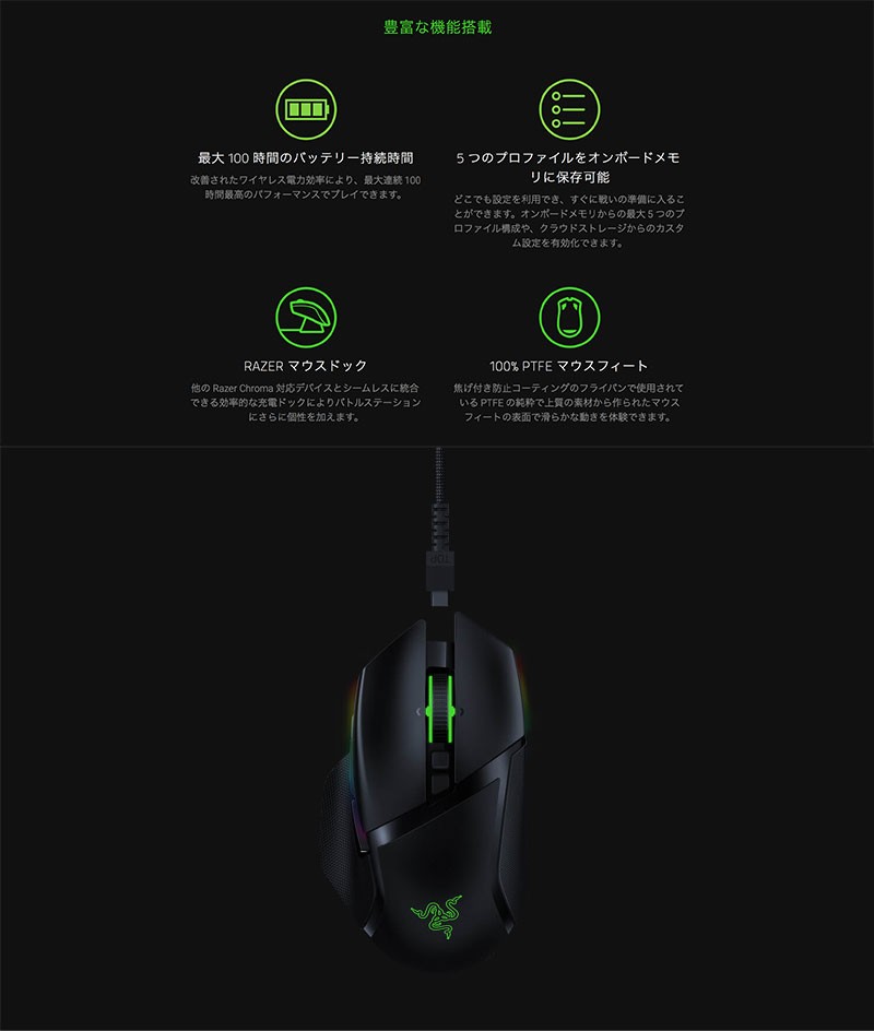 Razer レーザー Basilisk Ultimate 充電ドック付き 有線 / 2.4GHz 両