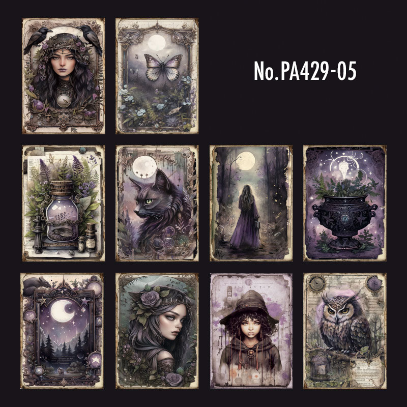 コラージュ素材 ダイカット 黒 背景 コラージュ 素材 デザイン ペーパー 背景 人物 女性 魔法 猫 ジャンク