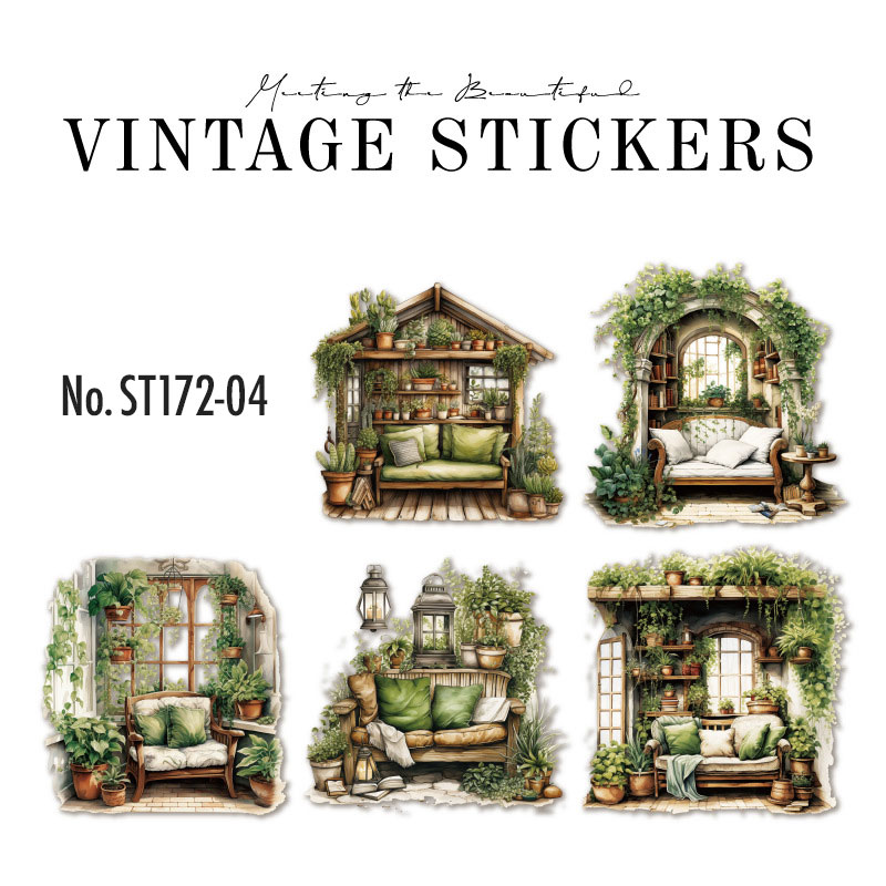 コラージュ 素材 シール 植物 ソファ ベンチ 書斎 ジャンクジャーナル