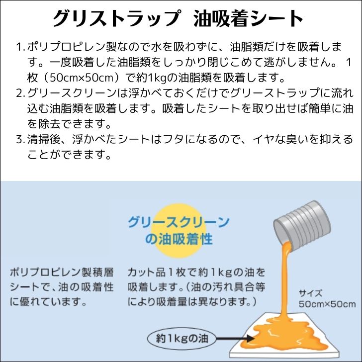 グリースクリーン グリストラップ用 油吸着シート グリーストラップ グリース阻集器 油脂吸着 オイル吸着 油処理 カット品（50cm×50cm×5枚）12パック  :grcl01:エコ洗剤のお店 STORE ECO - 通販 - Yahoo!ショッピング