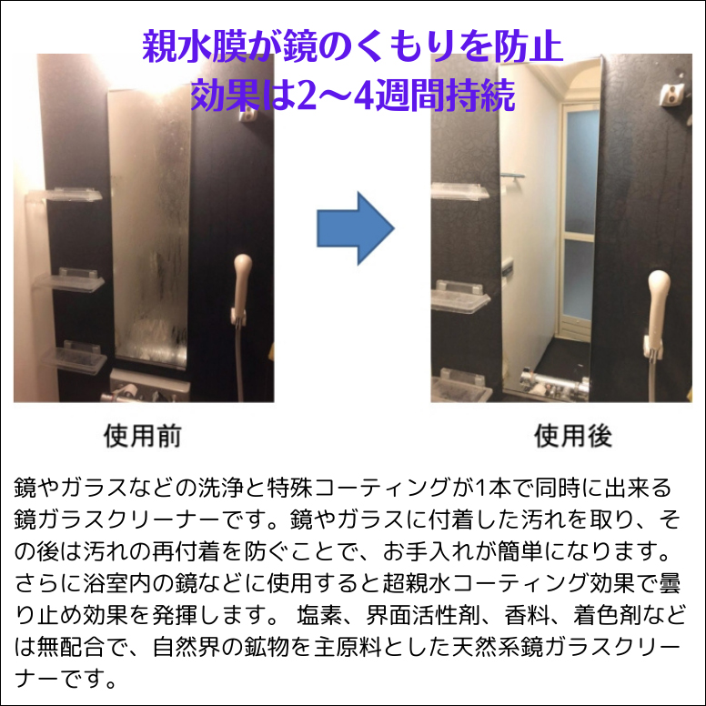 ナノミラーコート 260g入り 鱗状痕除去剤 ウロコ落とし ウロコ除去 ガラスコーティングクリーナー 鏡ガラス洗剤 浴室鏡 ガラス 陶器 フロントガラス 業務用 |  | 03