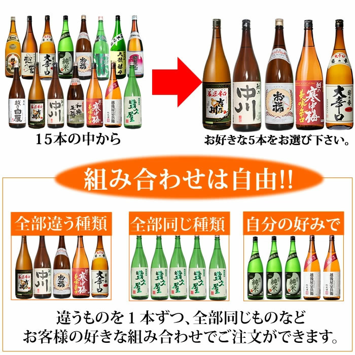朝日山 日本酒 飲み比べ 15本の中から5本選べる新潟 福袋 1800ml 5本