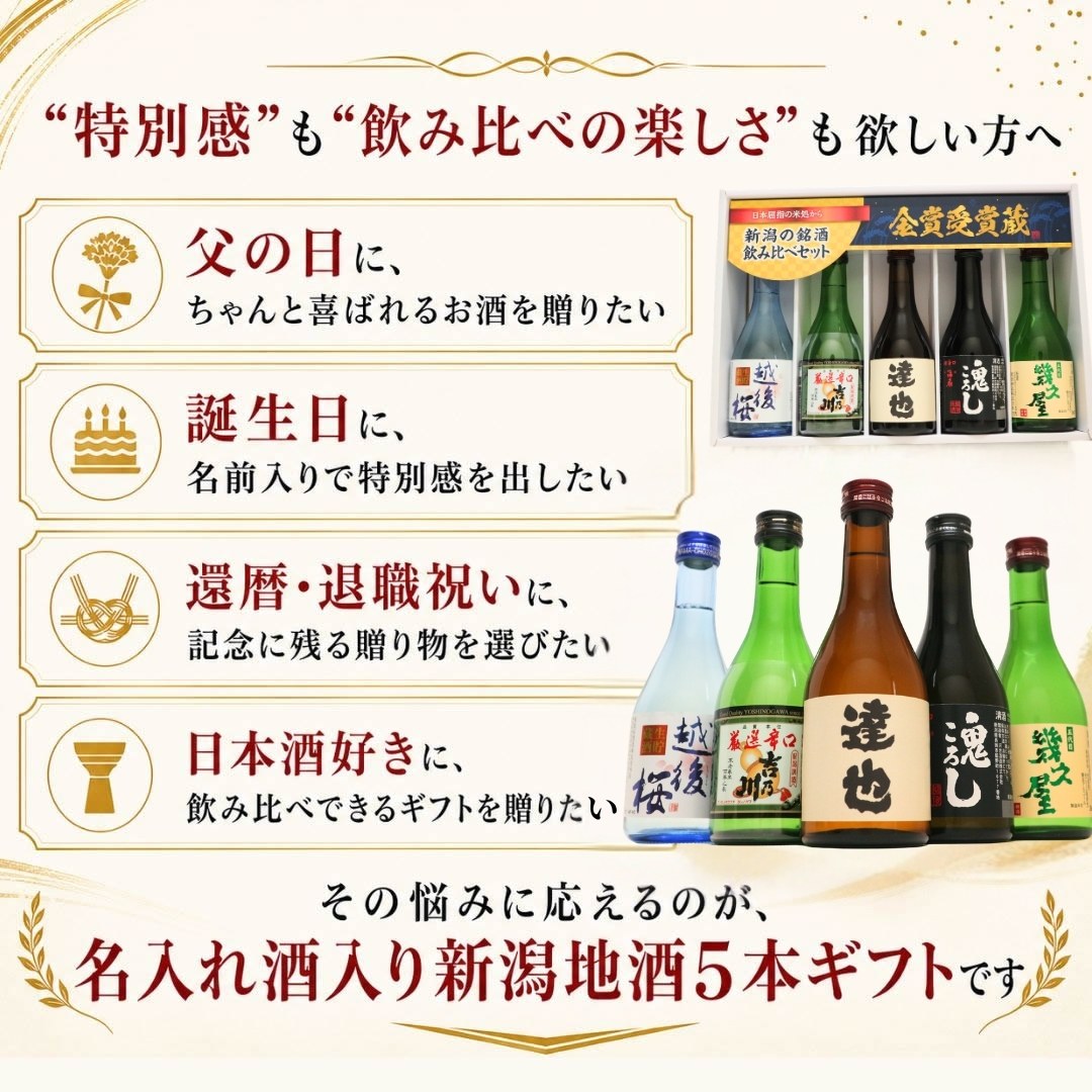 名入れ 日本酒 新潟銘酒 飲み比べセット 300ml 5本(風)化粧箱入り プレゼント ギフト | 吉乃川 | 02