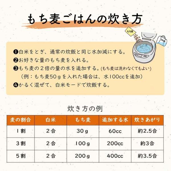 もち麦ご飯の炊き方 1.白米を研ぎ、通常の炊飯と同じ水加減にする。 2.お好きな量のもち麦を入れる。3.もち麦の2倍の量の水を追加する。（もち麦は洗わなくてもよい）4.軽く混ぜて、白米モードで炊飯する。