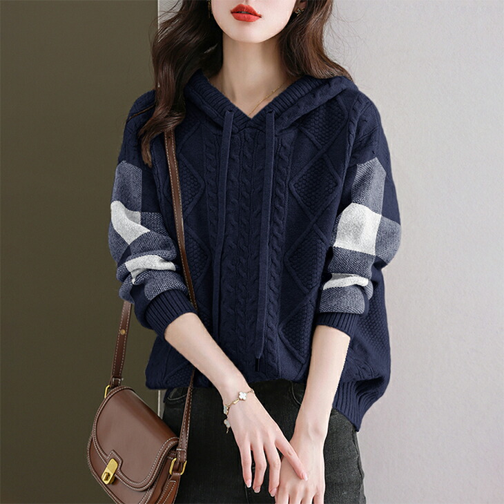 ケーブル編みボーダー袖フード付きニット レディース パーカー