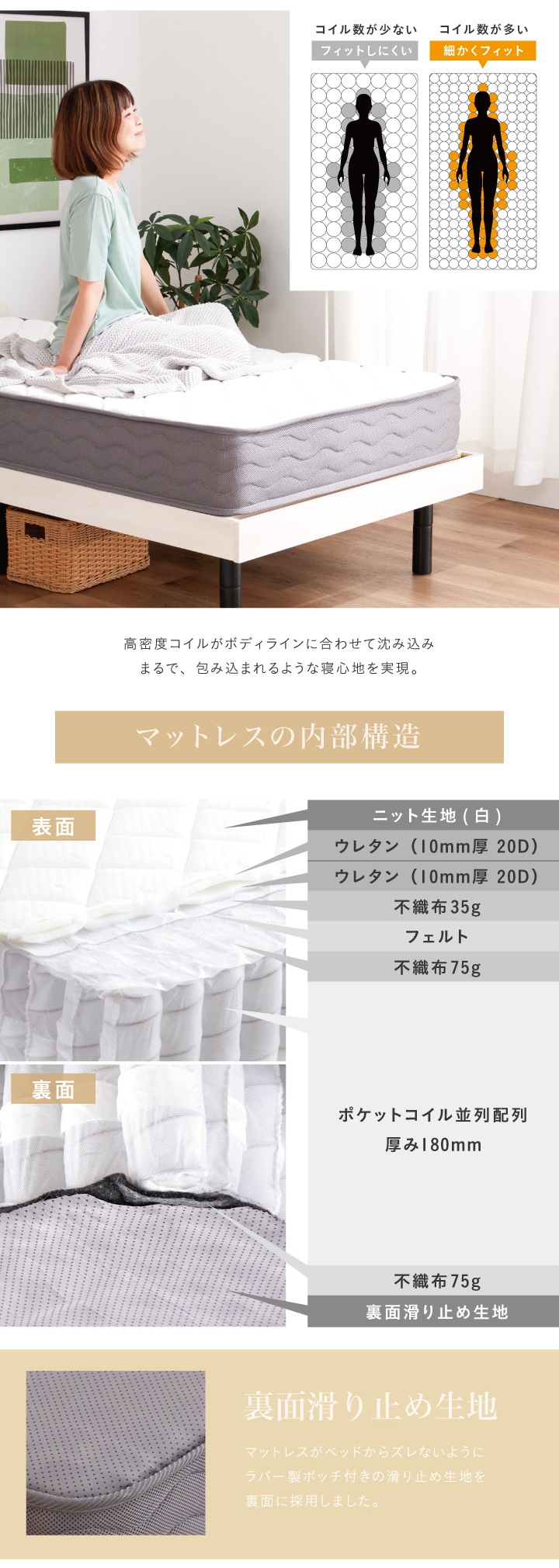 ポケットコイル マットレス シングル おしゃれ コイル数 528個 厚み