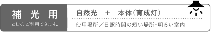 補光用（自然光+育成灯。日照持間の短い場所。明るい室内で）