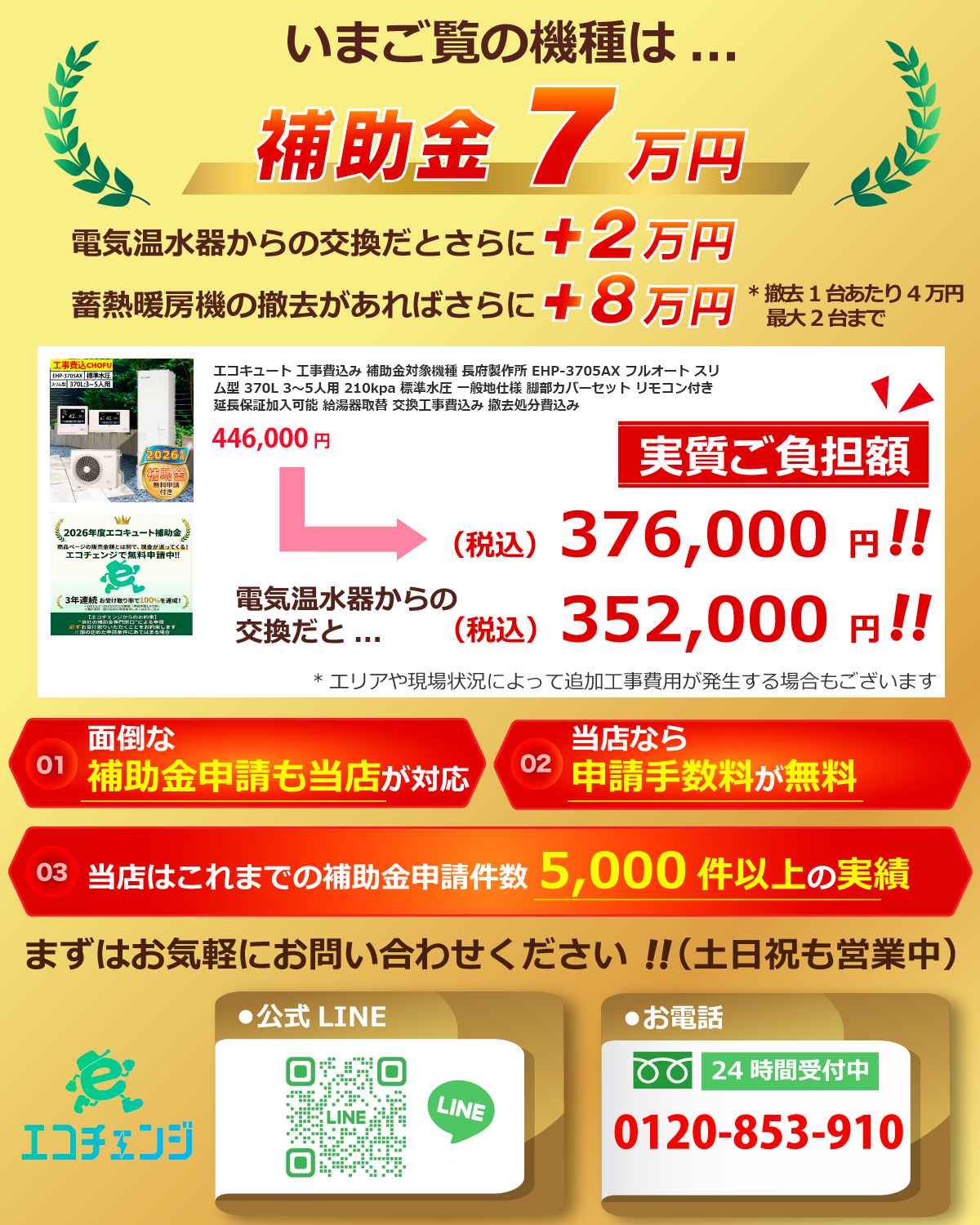 エコキュート 交換工事費込み 補助金対象機種 長府製作所 EHP-3705AX