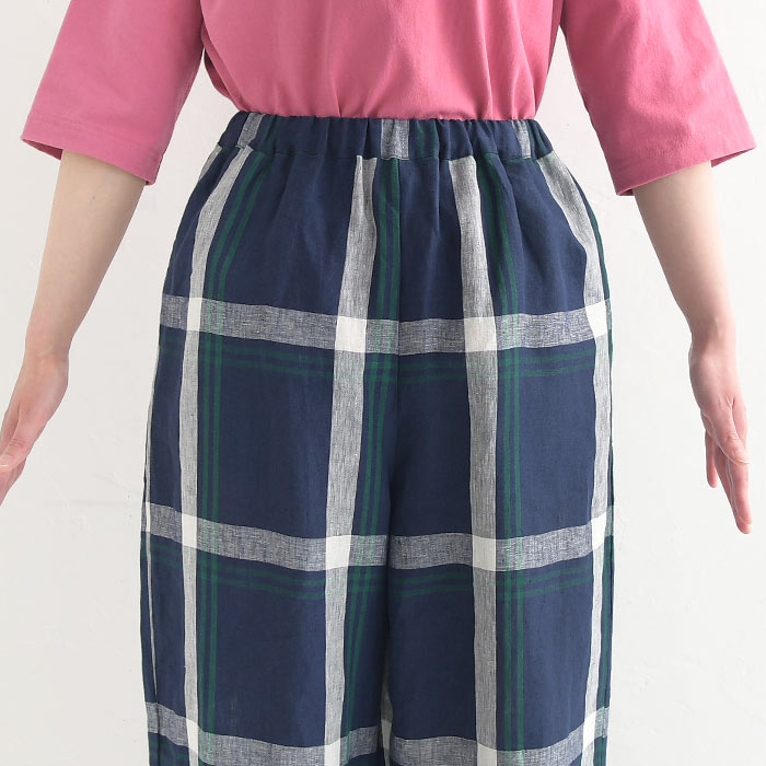 Blue willow リネン 大柄ブロックチェック ワイドパンツ 麻 100