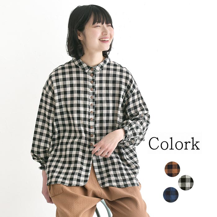 Colork（カラック） ブラウス 綿100％ ギンガムチェックミニ襟多ボタン