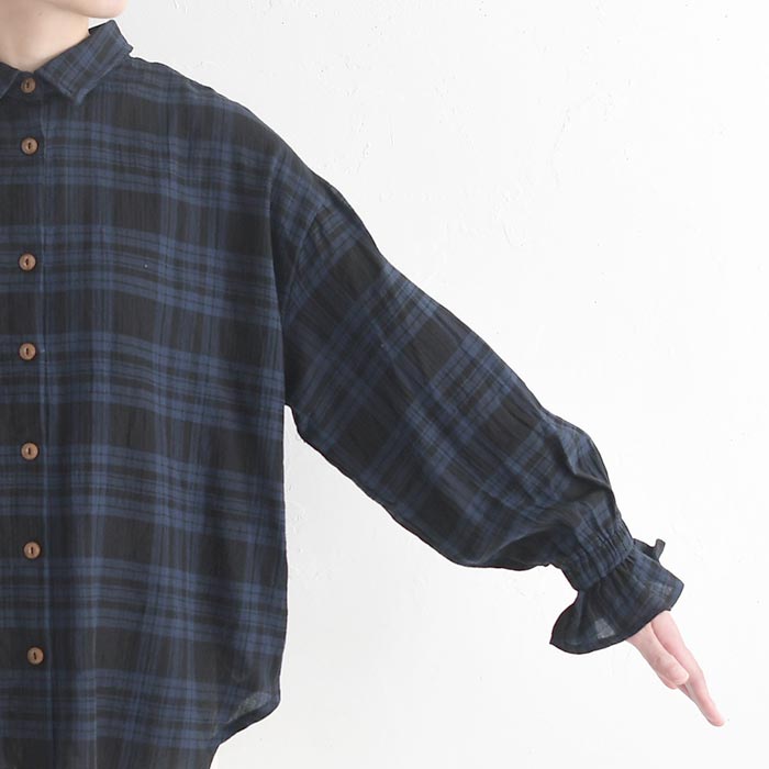 袖フリルブラウス 長袖 レディース COLORK シャーリング チェック柄 綿 25AW0904, |  | 17