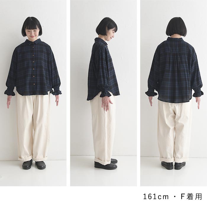袖フリルブラウス 長袖 レディース COLORK シャーリング チェック柄 綿 25AW0904, |  | 19