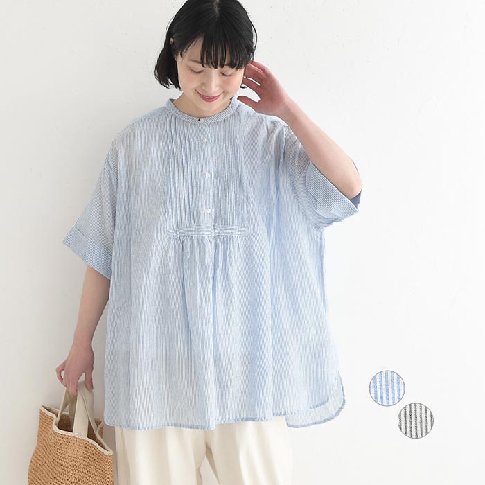 チュニックブラウス 先染めガーゼ ストライプ 綿100% 春 夏 30代 40代