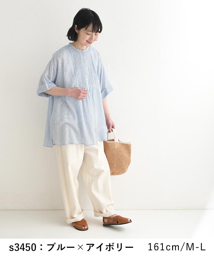 チュニックブラウス 先染めガーゼ ストライプ 綿100% 春 夏 30代 40代