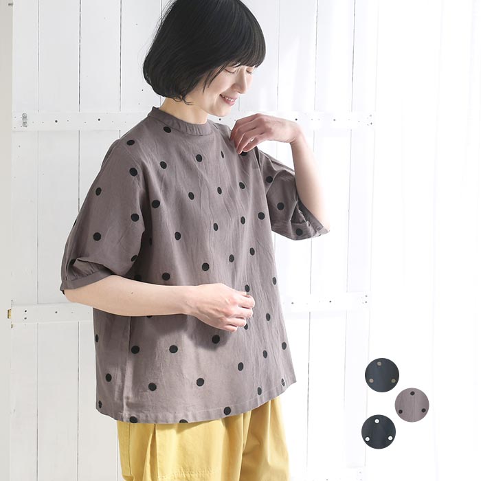 ブラウス 綿麻 ドット刺繍 パフスリーブ レディース 春 夏 30代 40代