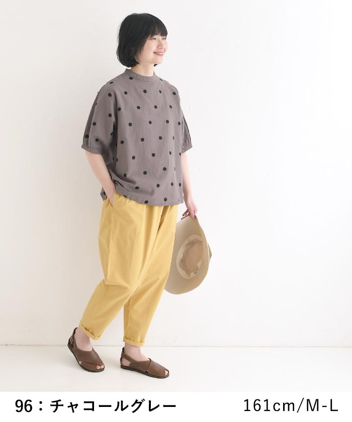 ブラウス 綿麻 ドット刺繍 パフスリーブ レディース 春 夏 30代 40代