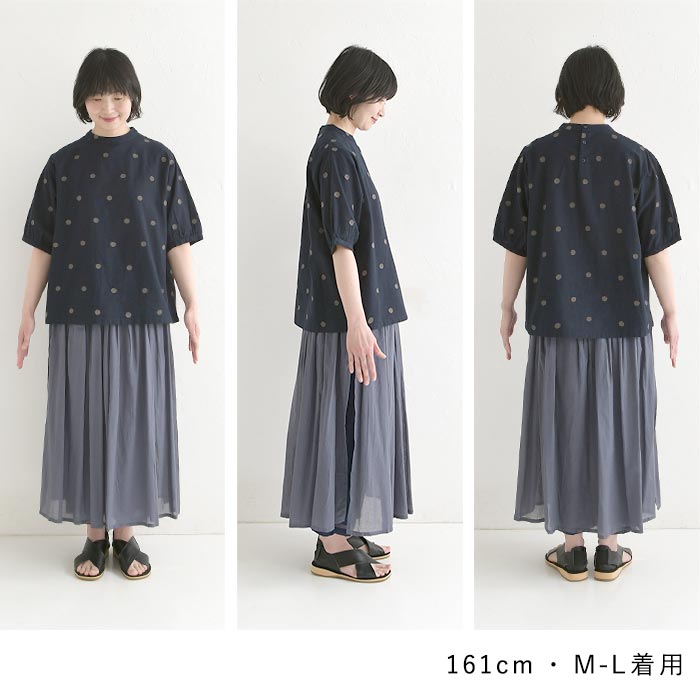 ブラウス 綿麻 ドット刺繍 パフスリーブ レディース 春 夏 30代 40代