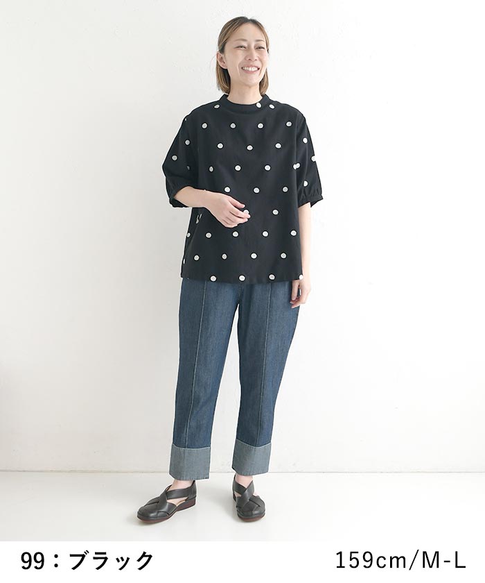 ブラウス 綿麻 ドット刺繍 パフスリーブ レディース 春 夏 30代 40代