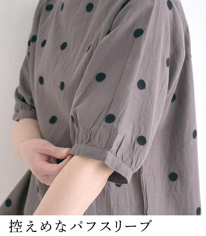 ブラウス 綿麻 ドット刺繍 パフスリーブ レディース 春 夏 30代 40代
