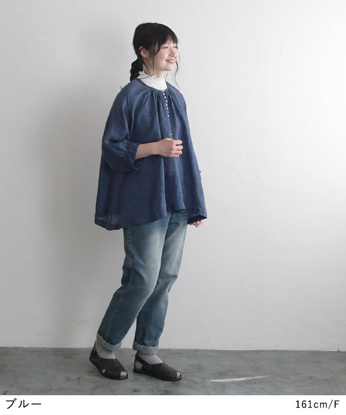 リネンシャンブレー多ボタンブラウス【08mab】 08Mab リネンシャンブレー ブラウス シャツ 七分袖 多ボタン