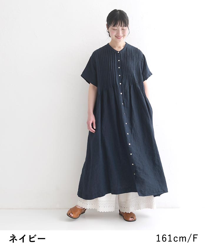 08mabリネンピンタック前開き半袖ワンピースブラック美品 08Mab 9番手リネン ピンタックワンピース 半袖 麻100％ 春 夏 30