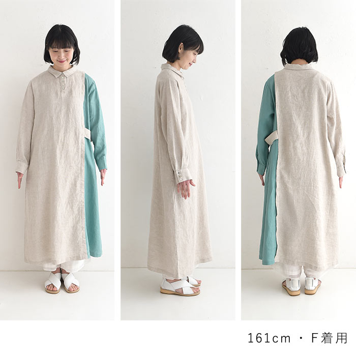 114 パラスパレス 麻 リネン100% ワンピースコート グレー ゆったり 08Mab（ゼロハチマブ） 配色ワンピース 14番手リネン 麻100％ 春 夏 30