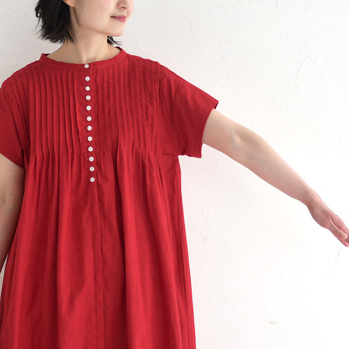 08Mab ワンピース 半袖 ロング レディース 綿麻 ピンタック