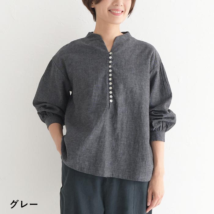 08Mab ボトルネック ブラウス 多ボタン 綿麻 ダブルガーゼ 秋 冬